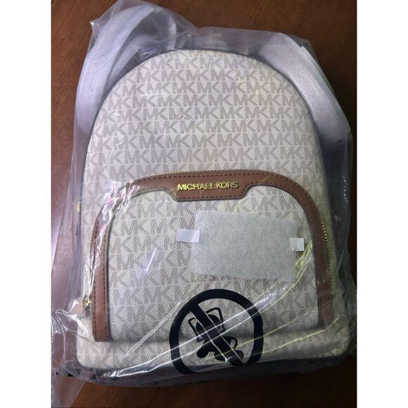 Michael Kors Jaycee Medium Zip Pocket Backpack Bag Tote Vanilla Logo Leather NWT main image 5